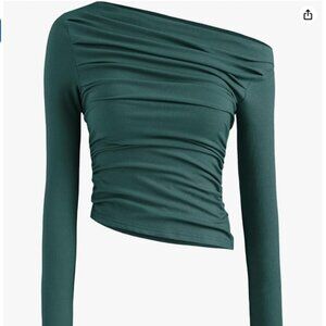 NWT CIDER Women's Asymmetrical Top Off The Shoulder Ruched Long Sleeve Shirt